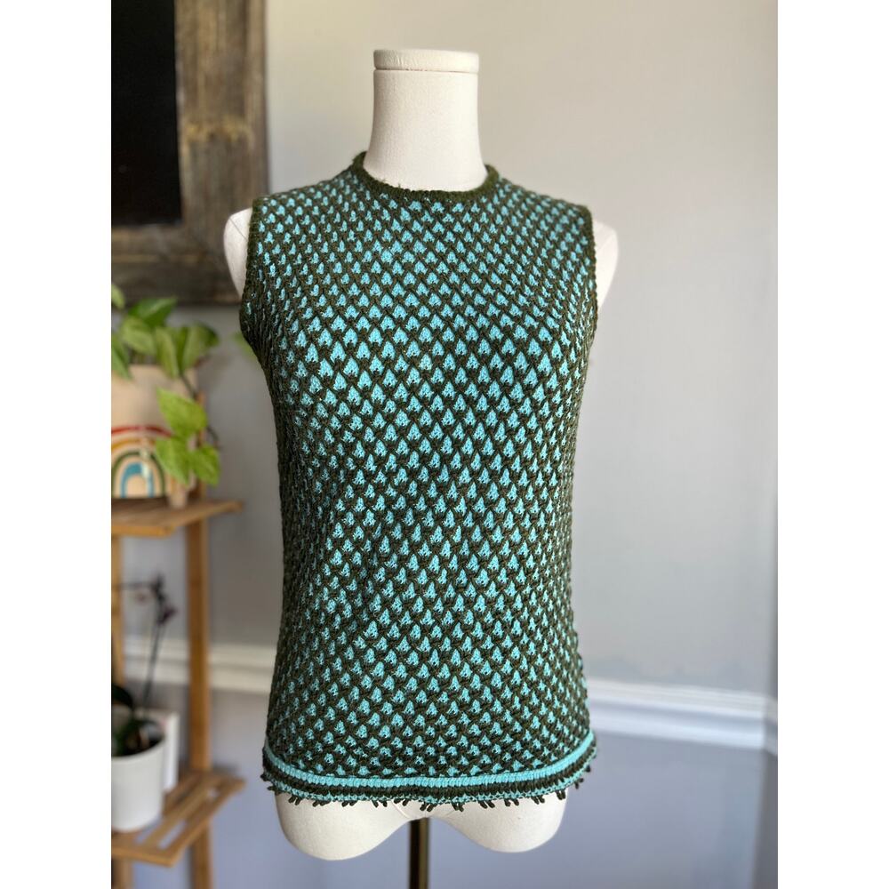 Vintage 60s Sleeveless Sweater Vest Green Blue Size Small